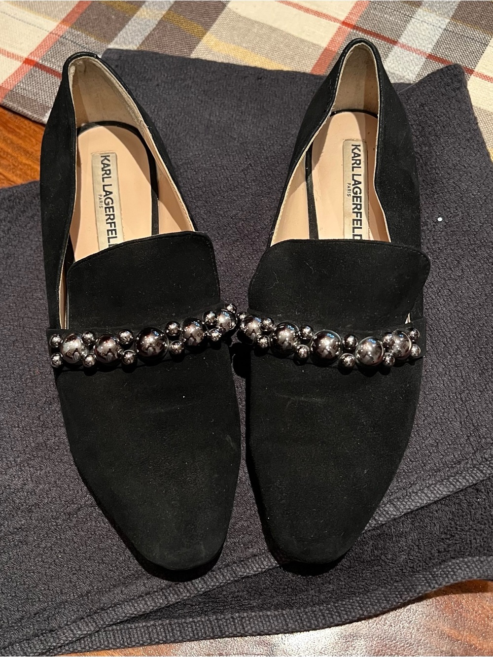 Karl Lagerfeld Black Suede Loafers with Polished Hematite Bead Band